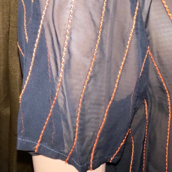 DKNY CHIFFON STRIPED BLOUSE WOMENS SHORT SLEVEE BLACK/ORANGE ROUND NECK SZ LARGE - Picture 13 of 14